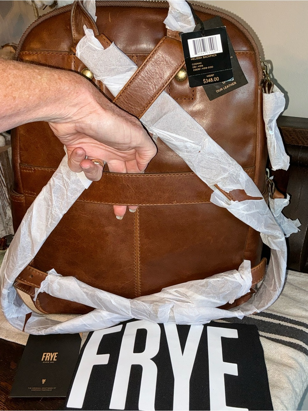 NWT Frye Melissa Leather Large Backpack Luggage Sleeve Cognac Brown MSRP $348 - Picture 3 of 15
